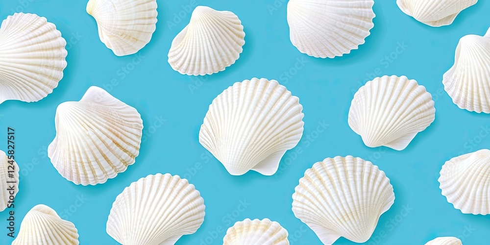 Poster white scallop shells scattered on a vibrant turquoise background, showcasing various sizes and shape