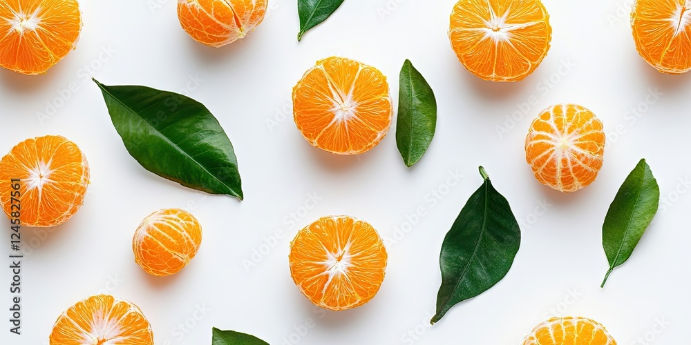 Poster mandarin oranges sliced and whole with vibrant orange segments and green leaves arranged on a clean 