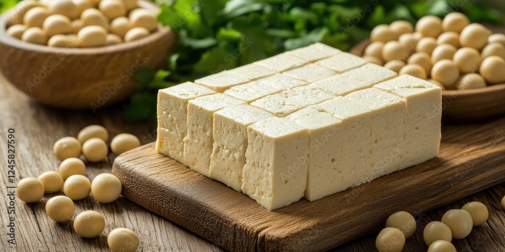 Poster nutritious soybean-based tofu on a wooden cutting board surrounded by whole soybeans and fresh herbs