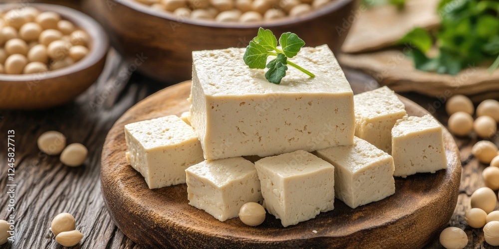 Poster nutritious soybean tofu on wooden plate surrounded by soybeans and green herbs in a rustic setting h