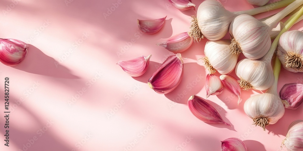 Poster fresh garlic bulbs and cloves scattered on a soft pink background with subtle shadows casting over t