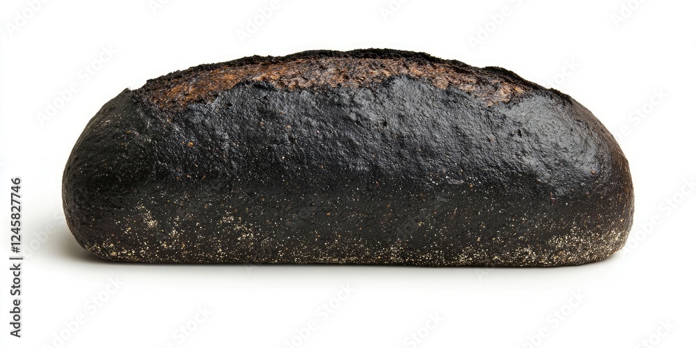 Poster Artisan bread loaf with a dark black crust resting on a clean white background showcasing textured surface and rustic appeal.