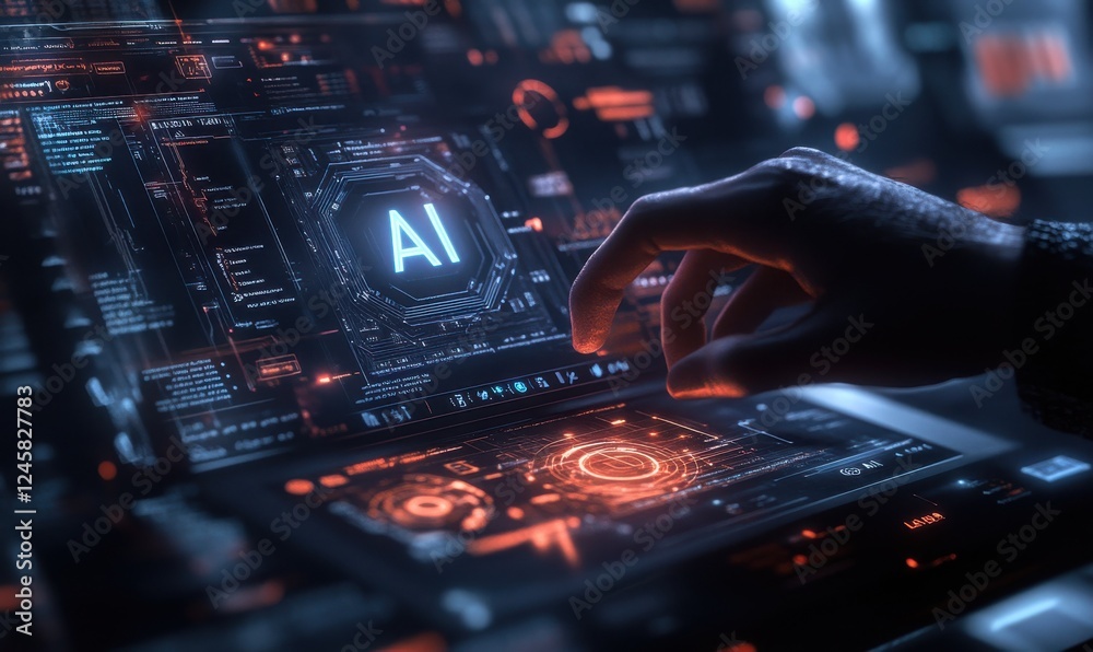 Poster futuristic technology interface with ai concept and human interaction in a high-tech environment