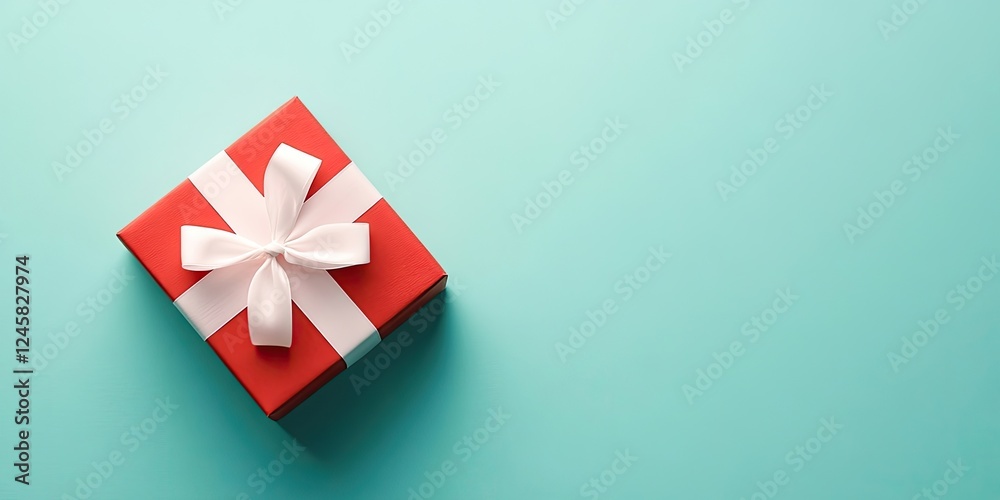 Poster red gift box with a white ribbon and bow on a light turquoise background, positioned in the center o