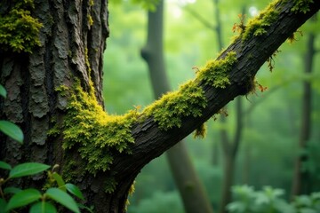 Fototapeta premium Tree with lichen and moss growing on branches, forest, lichen, branches