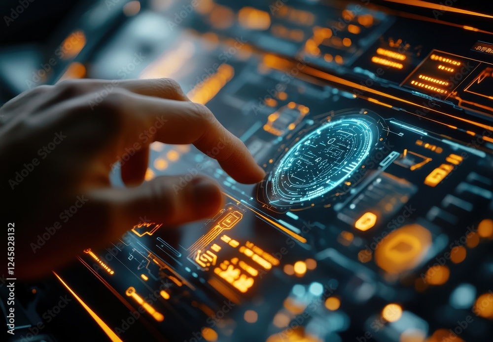 Poster futuristic user interface with touch interaction, displaying data and graphics in neon colors for te