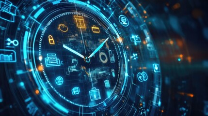 Fototapeta premium A futuristic holographic clock with product icons marking the hours, representing the cyclical nature of consumerism driving economic progress.