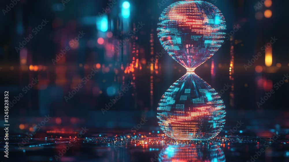 Poster a futuristic holographic hourglass with flowing digital sand, symbolizing the continuous evolution o