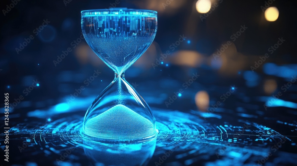Poster a futuristic holographic hourglass with flowing digital sand, symbolizing the continuous evolution o