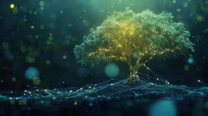 Fototapeta premium Illuminated Tree with Network Connections in Fantasy Landscape