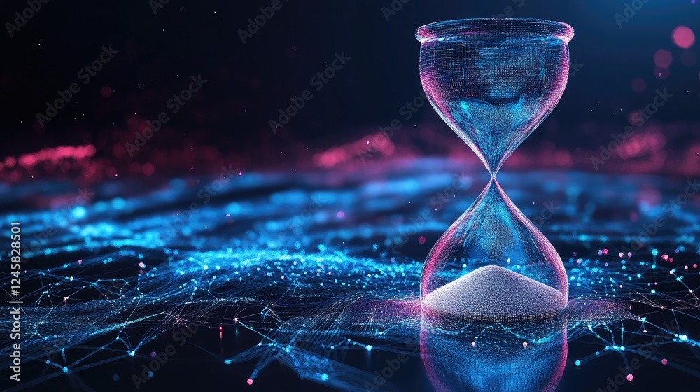 Poster a futuristic holographic hourglass with flowing digital sand, symbolizing the continuous evolution o