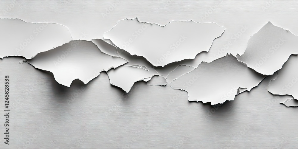 Poster Torn white paper fragments arranged horizontally on a smooth gray backdrop creating a textured abstract design with shadows and depth.
