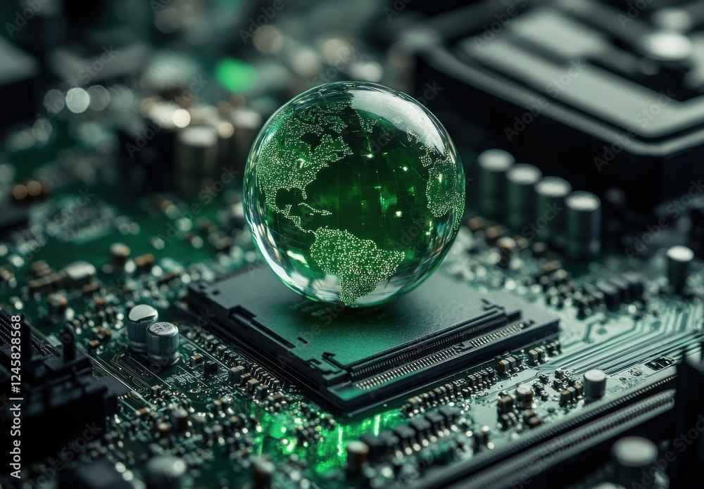 Poster glass globe with green continents placed on computer circuit board against a dark background represe