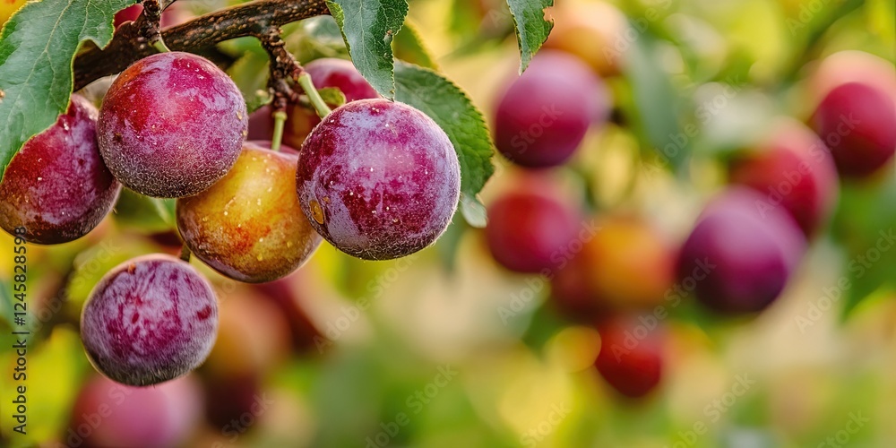 Poster ripe plums in various shades of purple and yellow hang from a green branch with blurred background o