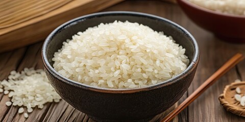 Freshly harvested white rice in a textured black bowl on a wooden surface, with a wooden spoon and grains scattered around, warm neutral tones.