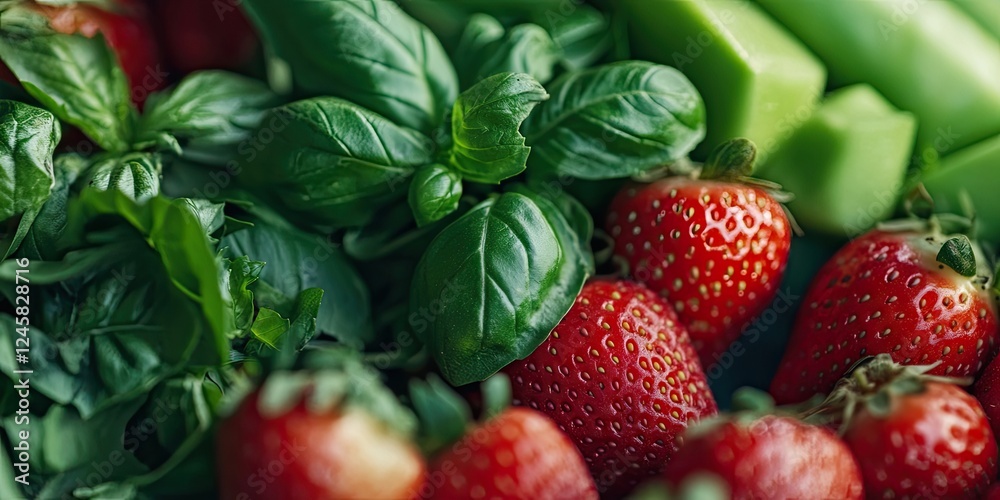 Poster fresh strawberries with vibrant green basil leaves and light green celery stalks arranged harmonious