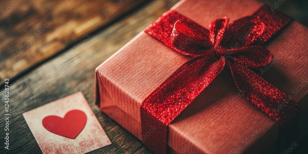 Poster red gift box with a glossy red ribbon and paper heart on rustic wooden table beside a valentineâ€™s 