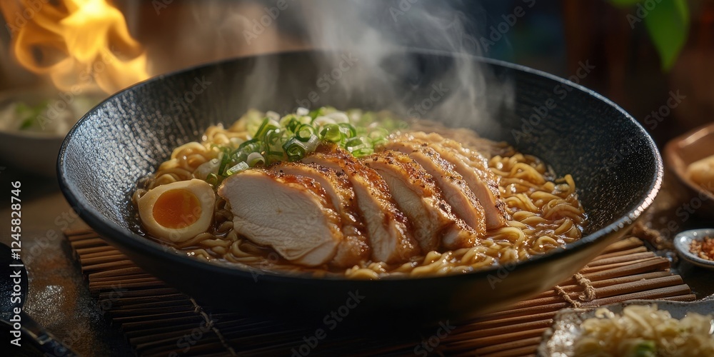 Aufkleber Steamed chicken slices atop steaming ramen noodles garnished with green onions and soft egg in a rustic bowl setting with smoke and warm colors.