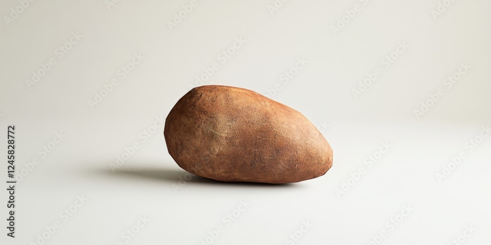 Poster Brown sweet potato resting on a smooth light gray surface with soft shadows creating a minimalist composition emphasizing texture and simplicity.