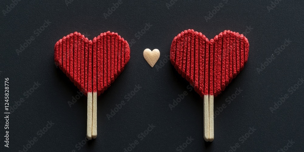 Poster red heart shapes made of matches on a black surface with a small golden heart in between, symbolizin