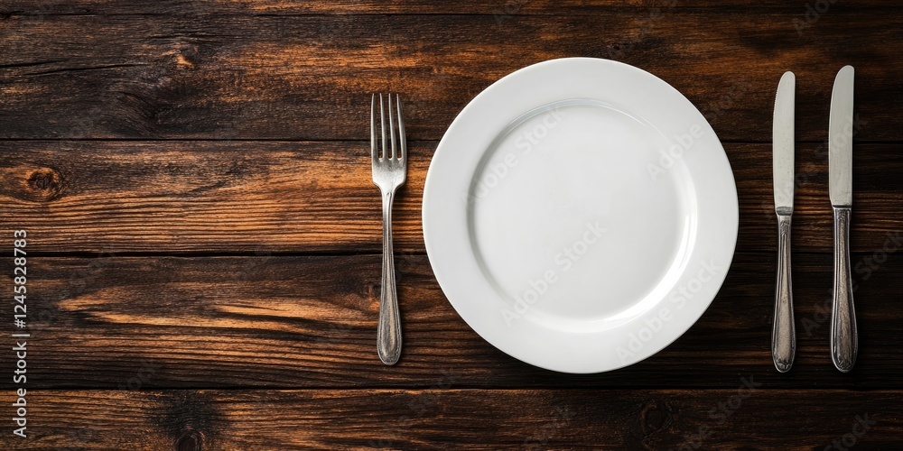 Poster Elegant white plate centered on rustic wooden table, flanked by a silver fork on the left and a knife on the right, creating a classic dining setup.