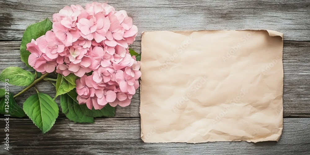 Poster Pastel pink hydrangea blooms positioned on the left alongside crumpled paper on a rustic wooden backdrop offering space for text and design elements