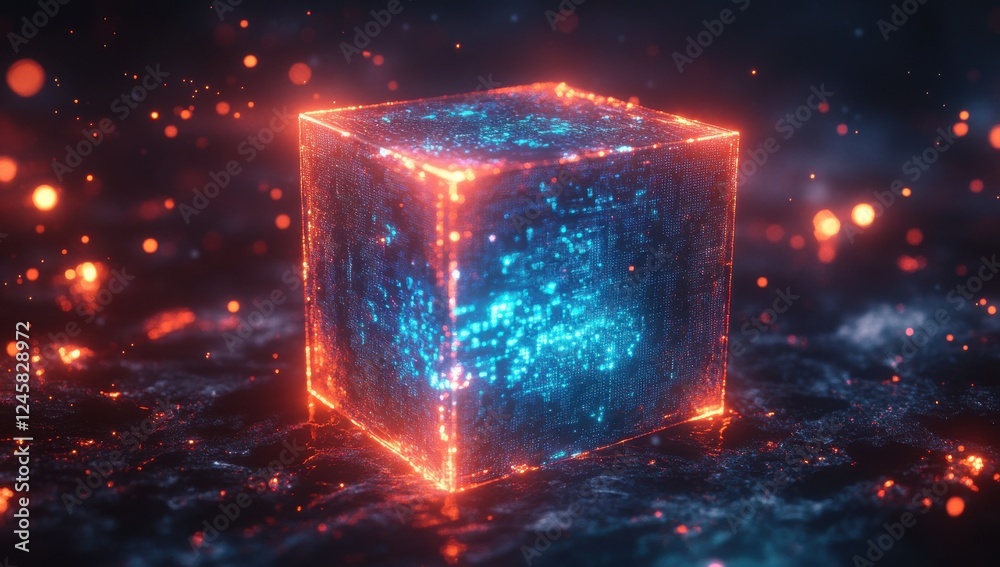 Poster glowing neon cube surrounded by sparkling particles in a dark abstract space environment with glimme
