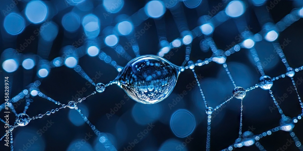 Aufkleber Macro shot of a droplet on a spider web with intricate details in bluish tones positioned centrally surrounded by soft bokeh circles in the background
