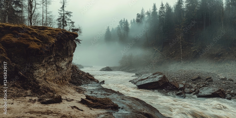 Poster Misty river flowing through rocky landscape with dense coniferous forest in background and fog blending into the scene creating a serene atmosphere
