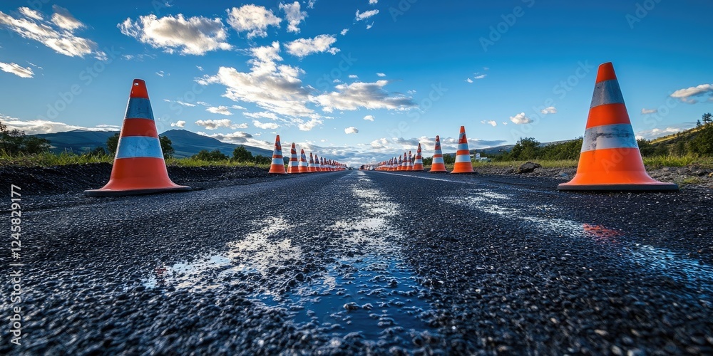 Poster empty road with orange traffic cones on either side under a bright blue sky with fluffy clouds refle