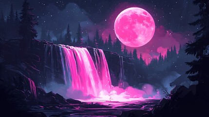 Obraz premium Pink Moon Waterfall Surreal Night Landscape.
