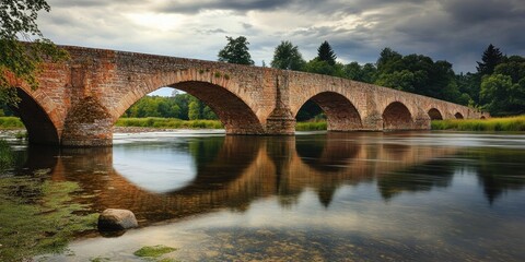 Fototapeta premium Historic stone bridge with five arches reflected in calm river water under a cloudy sky, surrounded by lush greenery and natural scenery.