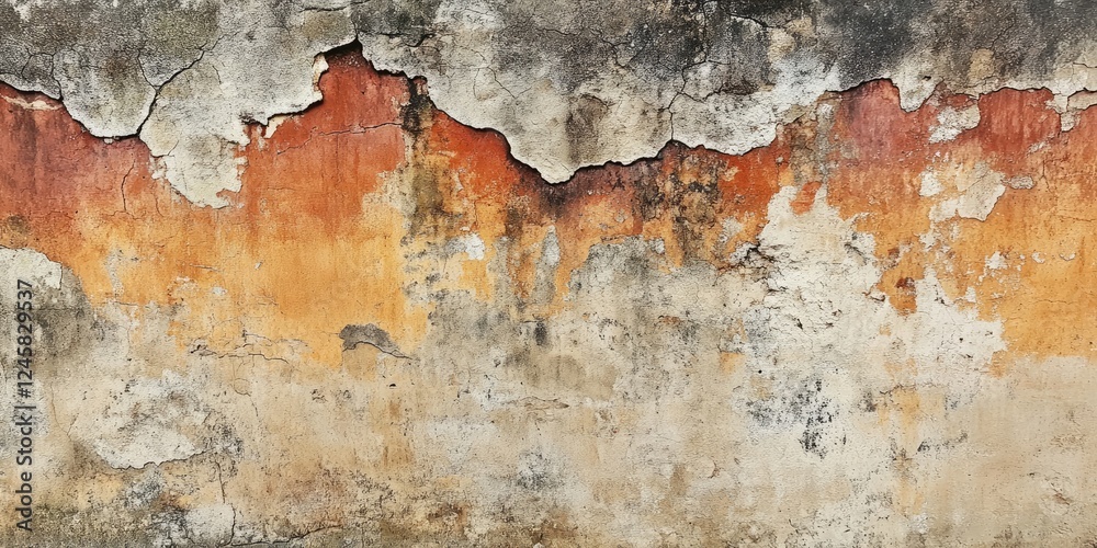 Poster Faded wall texture with warm orange and gray tones showcasing peeling layers and cracks creating a rustic, aged appearance.