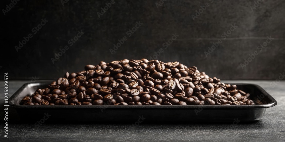Poster Piled roasted coffee beans in deep brown tones on a dark rectangular tray against a textured gray background showcasing depth and texture.
