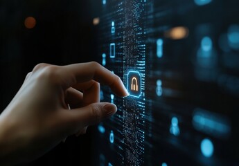 Hand Interacting with Digital Lock Symbol on Screen Representing Cybersecurity and Data Protection in Modern Technology Environment
