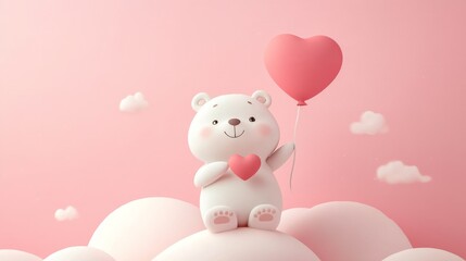 Illustration of love: a happy bear with a heart balloon in a pink sky. Wedding-themed 3D vector art.