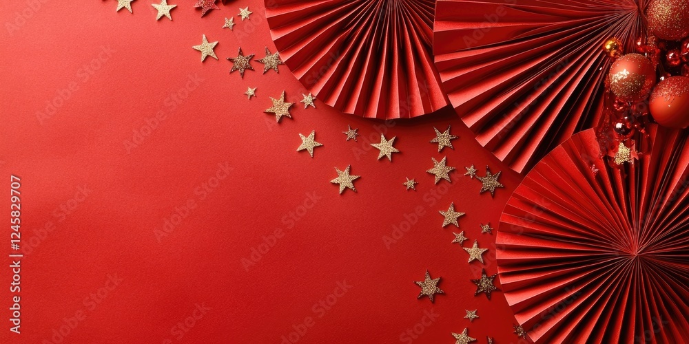 Poster Red paper fans arranged in a fan shape on the left with golden stars scattered on a rich red background creating a festive and elegant composition