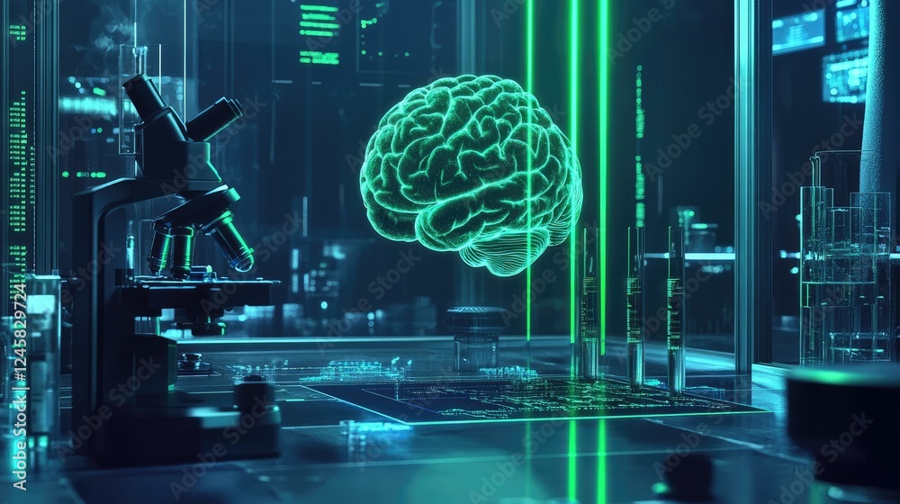 Poster A futuristic lab scene with a holographic brain sending green laser beams of data to microscopes, representing advanced AI and neural research.