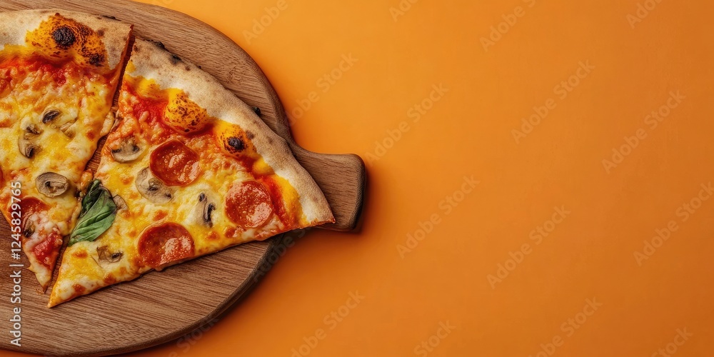 Poster triangular slice of pizza with melted cheese and pepperoni on a wooden board against an orange backg