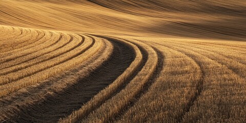 Naklejka premium Golden agricultural landscape with curved straw lines in foreground and soft rolling hills in warm earthy tones under gentle sunlight.