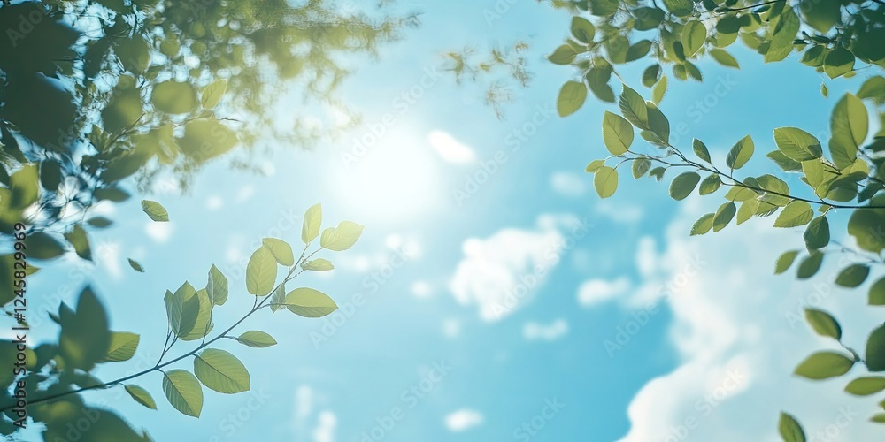 Poster vibrant summer sky with soft white clouds above bright sunlight filtering through green leaves frami