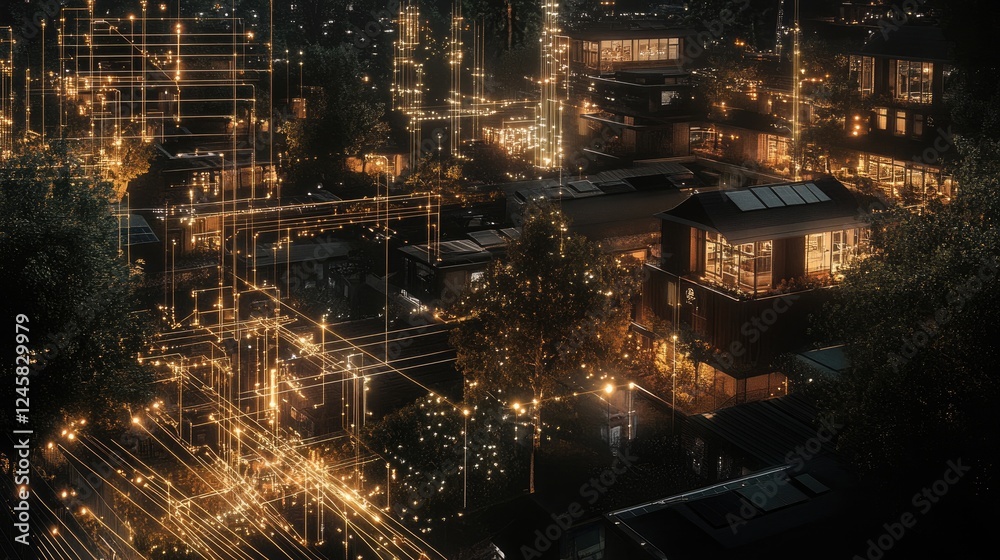 Poster A futuristic night city with illuminated lines and data points, showing the smart integration of homes and infrastructure to monitor and optimize energy use.