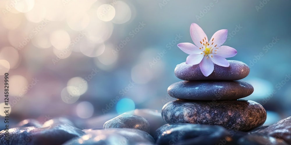 Poster Smooth stacked stones with a pink flower on top positioned center against a soft blue background with a bokeh effect creating a calming spa atmosphere