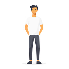 one Man stands and looks at a vector flat illustration of a man isolated on a white background