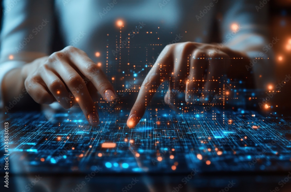 Poster hands interacting with digital interface displaying data, technology patterns, virtual connection, a