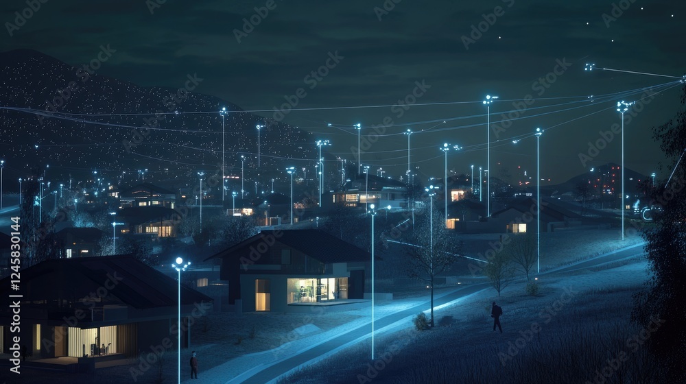 Poster A futuristic night city with illuminated lines and data points, showing the smart integration of homes and infrastructure to monitor and optimize energy use.