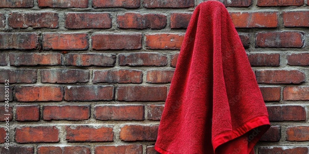 Poster vibrant red towel elegantly draped over a textured rustic brick wall displaying rich earthy tones an