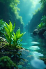 Obraz premium Aquatic plants growing in shallow pool of water, water, blue