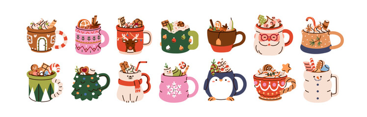 Hot Christmas drinks in cute mugs, set. Sweet cocoa, coffee with cream, cinnamon stick, candy cane, marshmallows. Cozy winter holiday beverage. Flat vector illustration isolated on white background