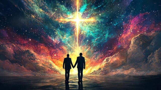 Couple gazing at cosmic cross in vibrant night sky, symbolizing unity and hope
